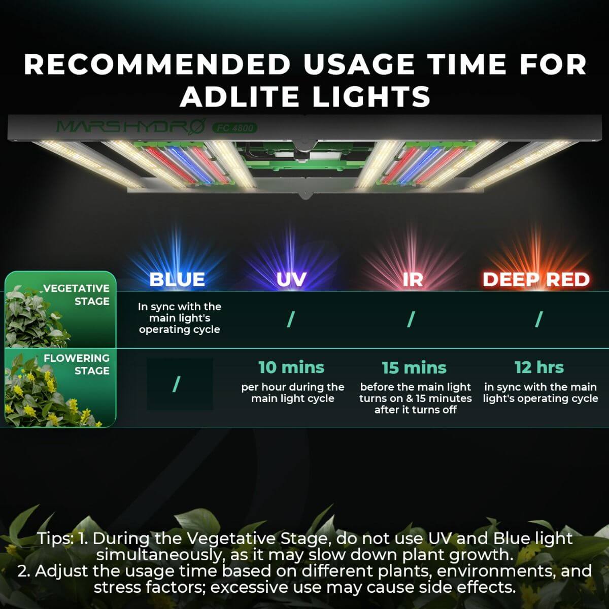 Recommended usage times for Mars Hydro ADlite lights during vegetative and flowering stages, with tips for optimal growth.