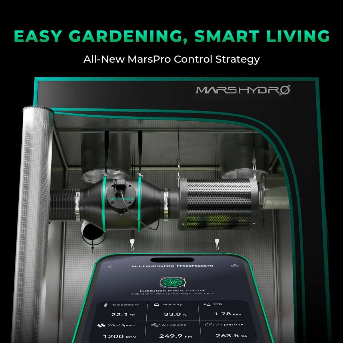 Mars Hydro smart control system for easy gardening, showcasing ventilation setup and app interface.