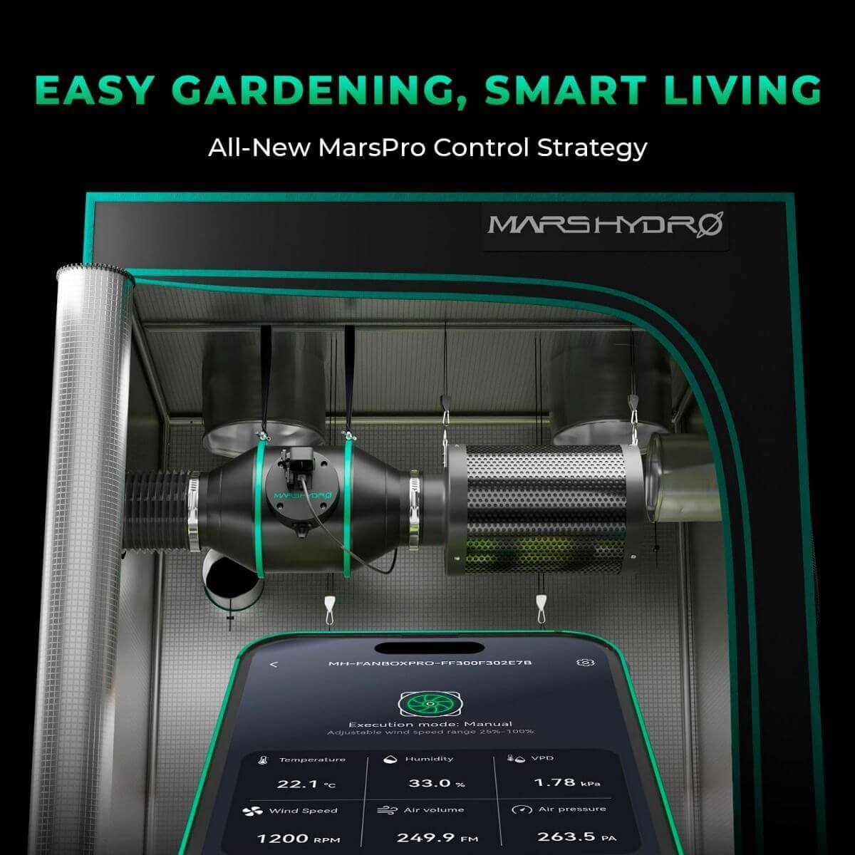 Mars Hydro smart control system for easy gardening, showcasing ventilation setup and app interface.