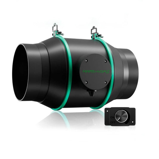 Mars Hydro 6" inline duct fan with variable speed controller for effective airflow and low noise operation.