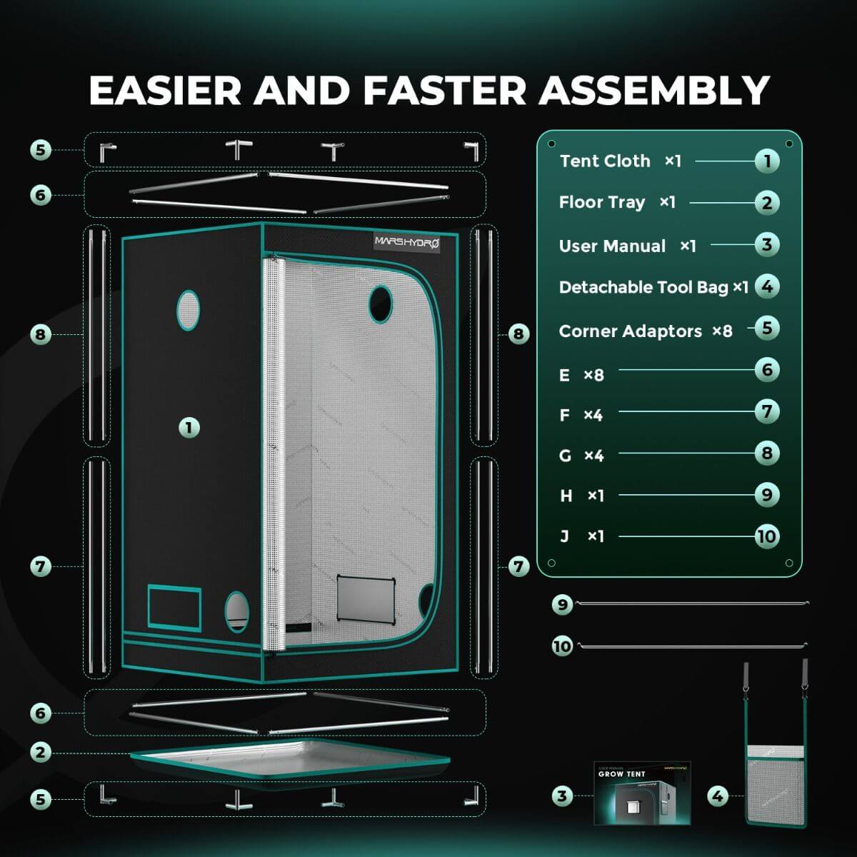 Mars Hydro indoor grow tent assembly diagram showing components and instructions for easy setup.