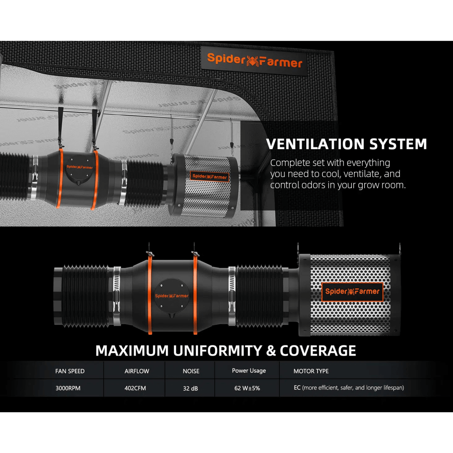 Spider Farmer Grow Kit 6" Inline Duct Fan and Carbon Filter Combo