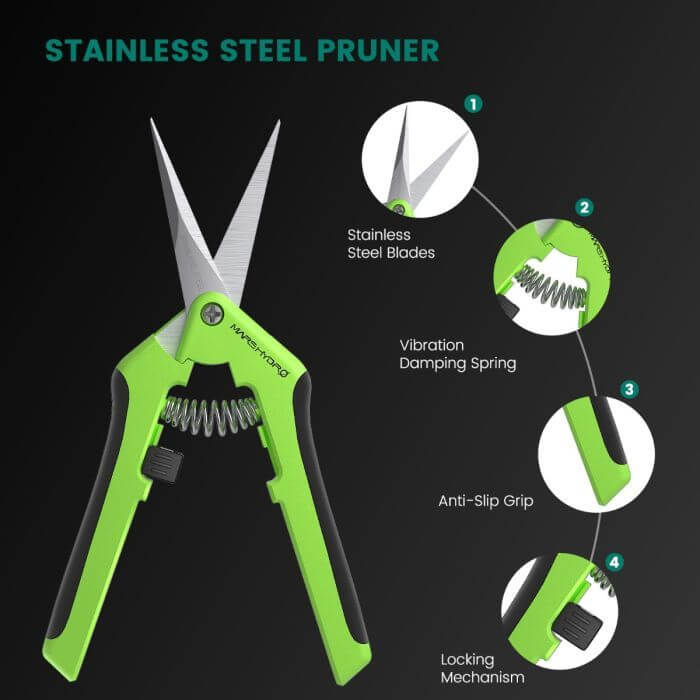 Stainless steel pruner with anti-slip grip and locking mechanism, featuring vibration damping spring for comfort.