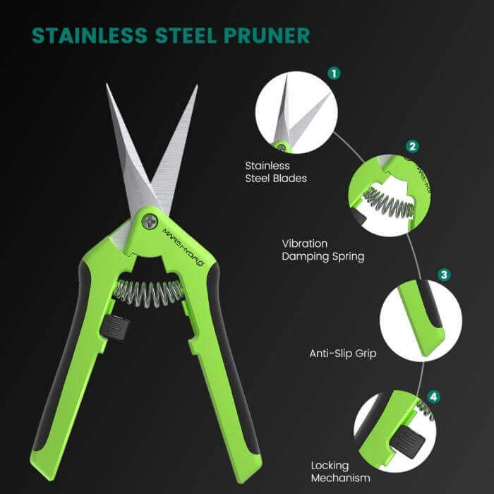 Stainless steel pruner with anti-slip grip and locking mechanism, featuring vibration damping spring for comfort.