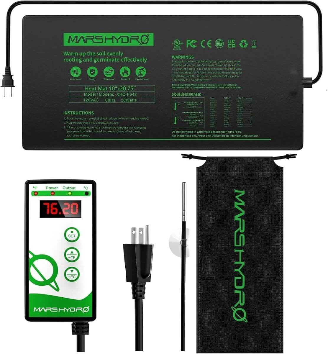 Mars Hydro 10x20.75 seedling heat mat with digital thermostat for optimal plant growth.