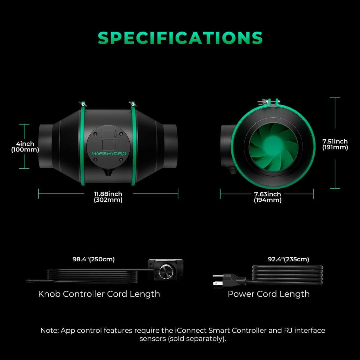 Mars Hydro 4" Smart Inline Duct Fan specifications showing dimensions and cord lengths for smart controller.
