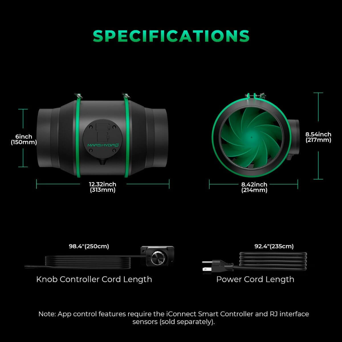 Specifications of Mars Hydro 6" Smart Inline Duct Fan, showing dimensions and cord lengths.