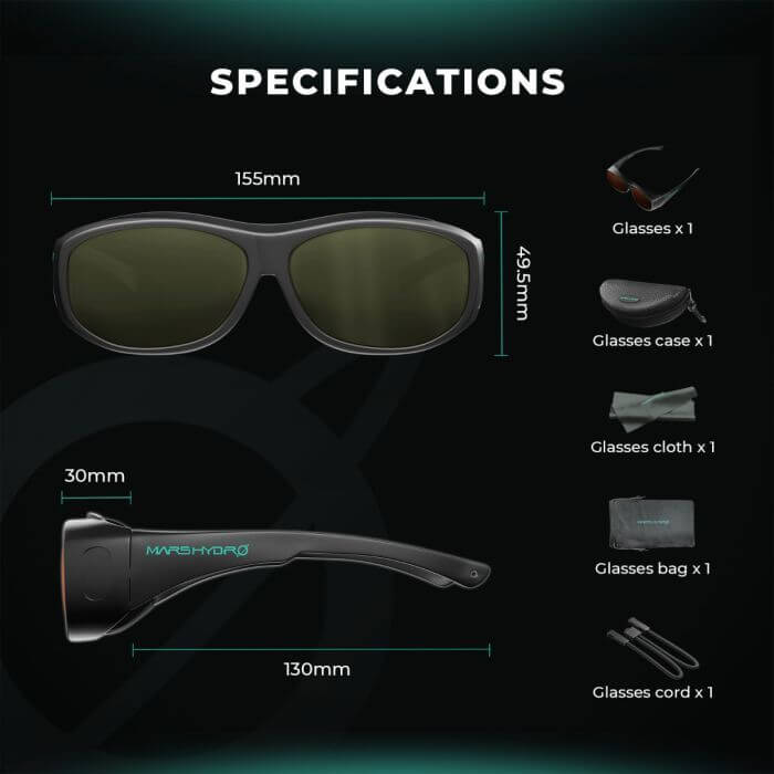 Mars Hydro sunglasses specifications including dimensions, accessories like case, cloth, and bag.