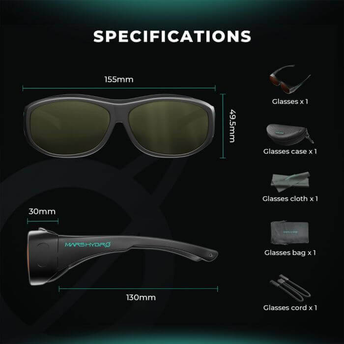 Mars Hydro sunglasses specifications including dimensions, accessories like case, cloth, and bag.
