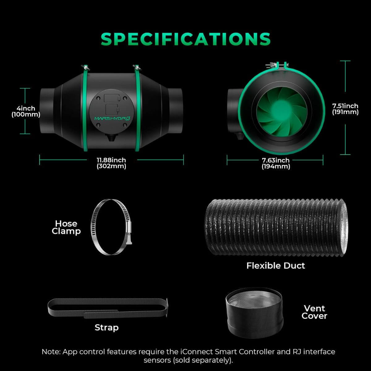 Mars Hydro 4 inch ventilation kit specifications including fan, filter, duct, and accessories for effective air circulation.