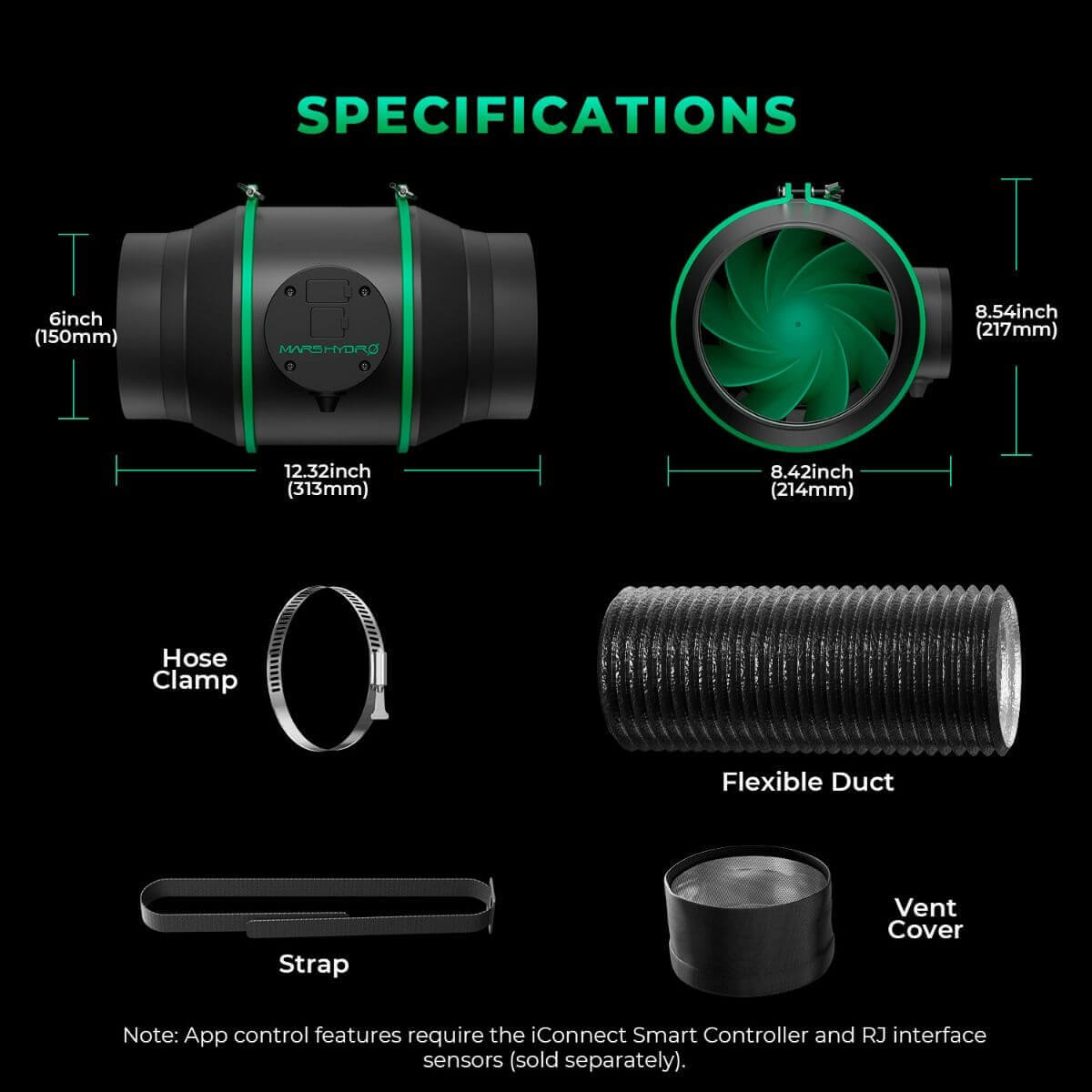 Mars Hydro 6" Smart Inline Duct Fan specifications including size, hose clamp, flexible duct, vent cover, and strap.