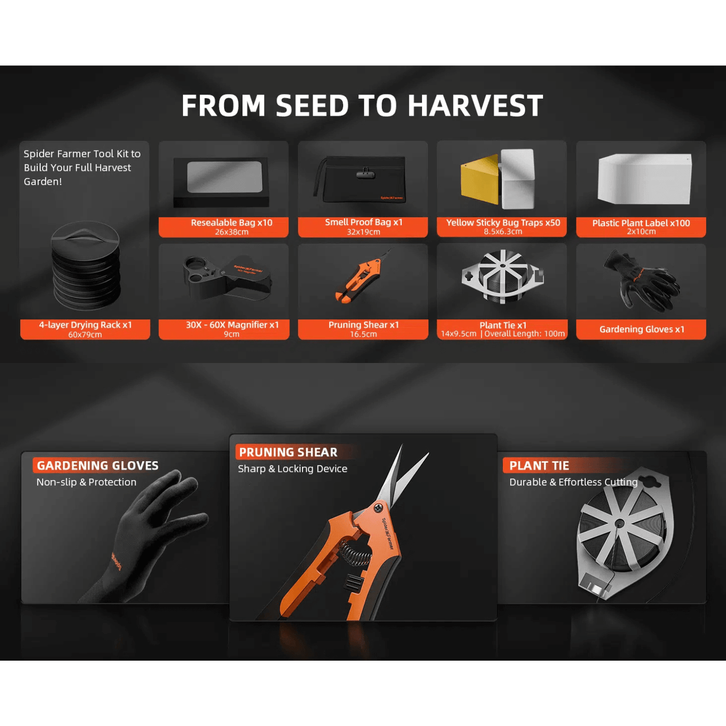 Spider Farmer 9-in-1 Plant Grow Tools Kit with key tools for gardening, including gloves, shear, drying rack, and traps.