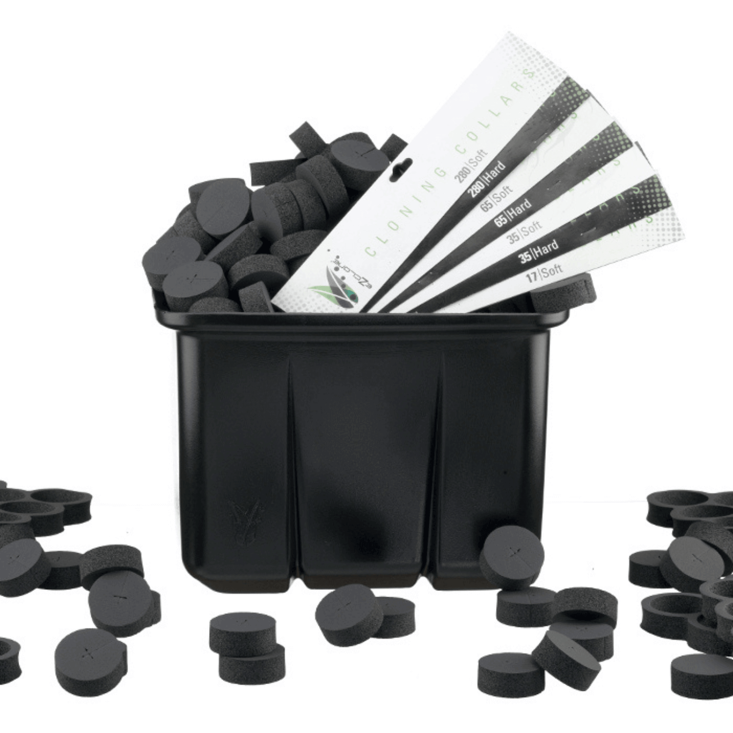 EZ-Clone 35 Soft Cloning Collars in black container for plant cutting support.