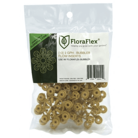 FloraFlex Bubbler 2GPH 12 Pack in packaging, yellow flow inserts for efficient plant watering, available at Grow Tents Depot.