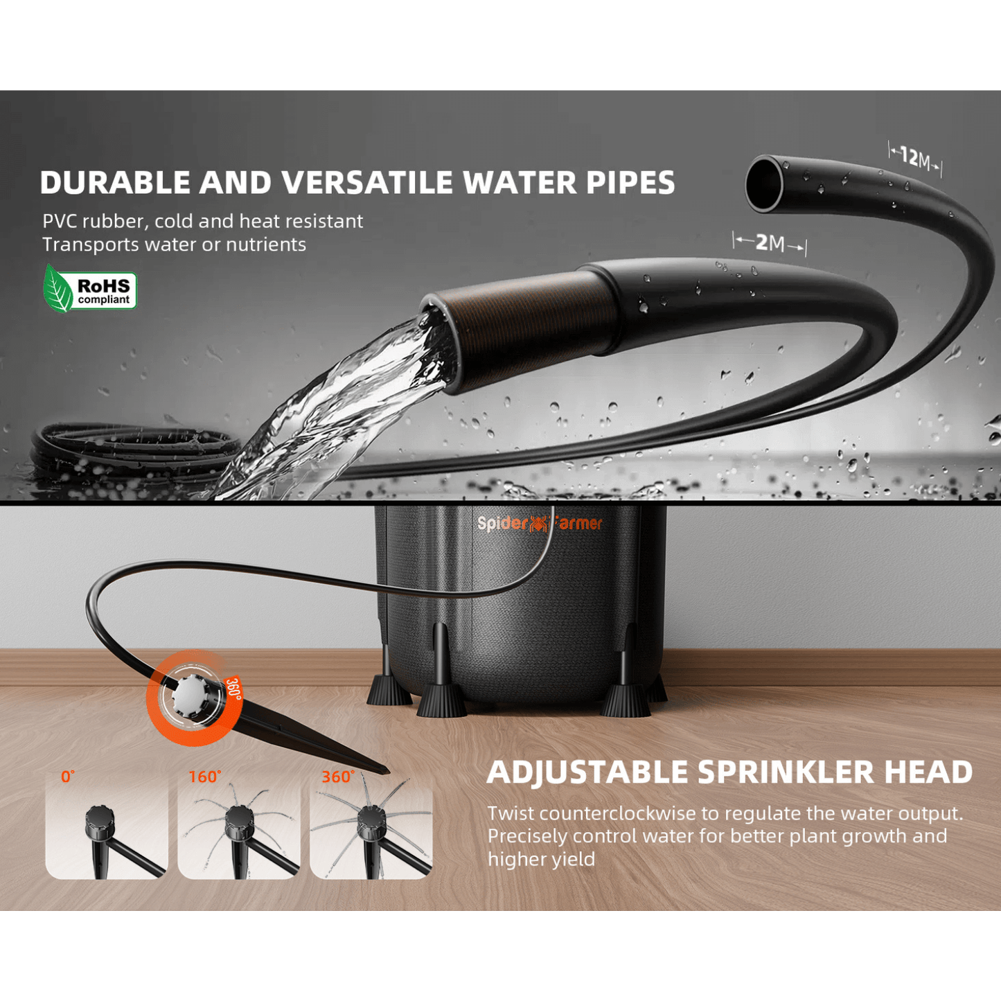 Durable water pipes and adjustable sprinkler head for Spider Farmer automatic drip irrigation system.