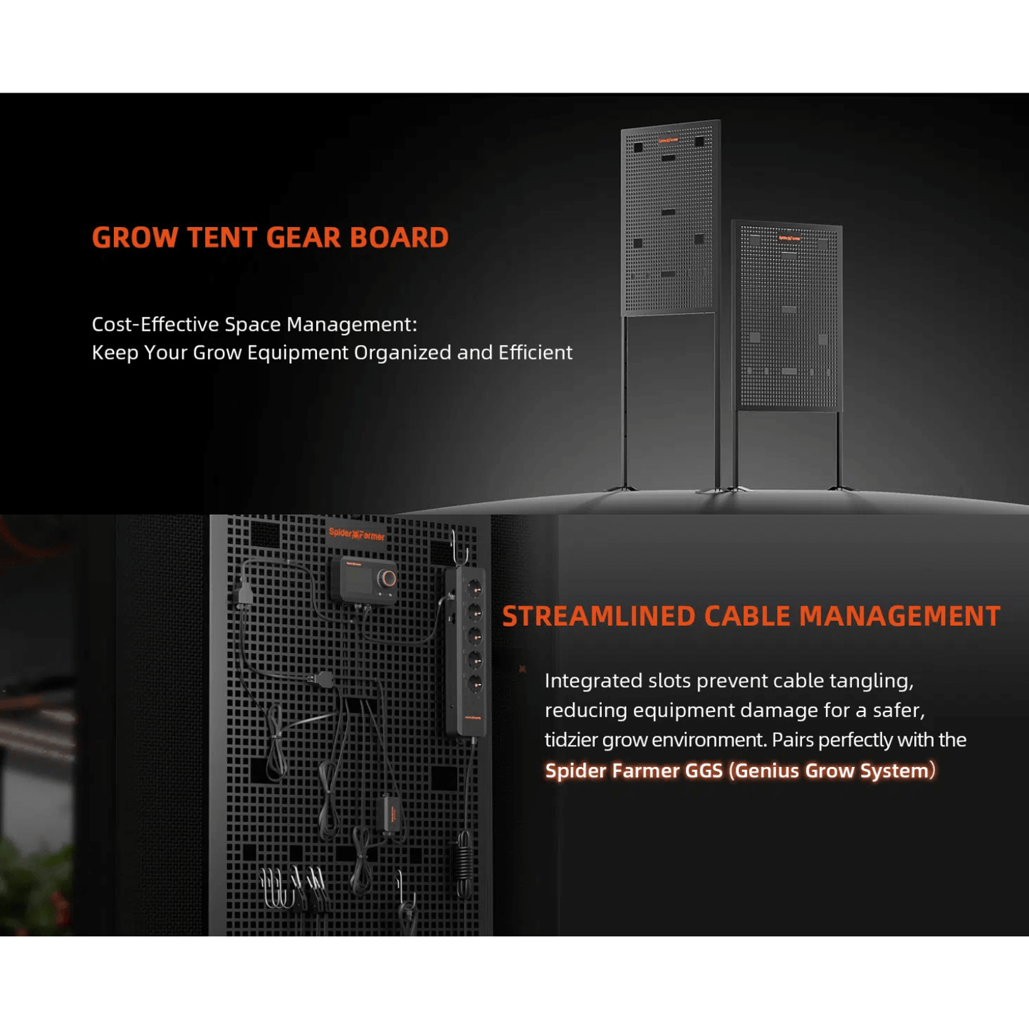 Spider Farmer Grow Tent Gear Board with streamlined cable management for efficient gardening organization.