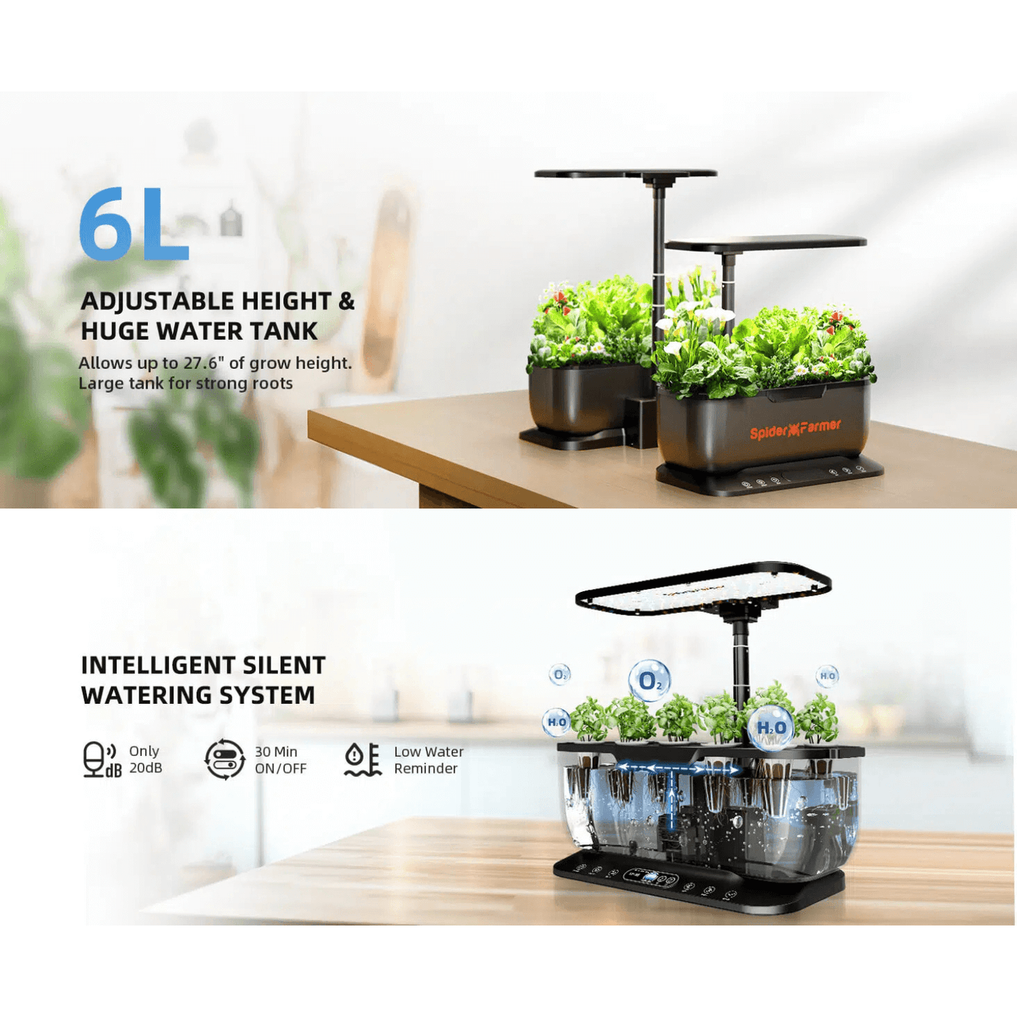 Spider Farmer hydroponics system with adjustable height, 6L water tank, and silent watering system for optimal plant growth.