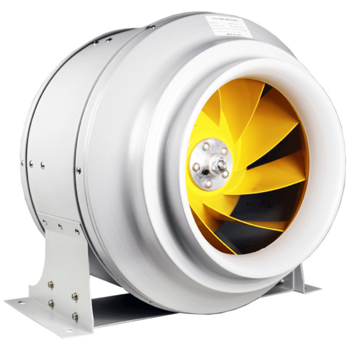 High-performance F5 Industrial 12" Inline Duct Fan with yellow blades, featuring a 3-speed controller and quiet operation.