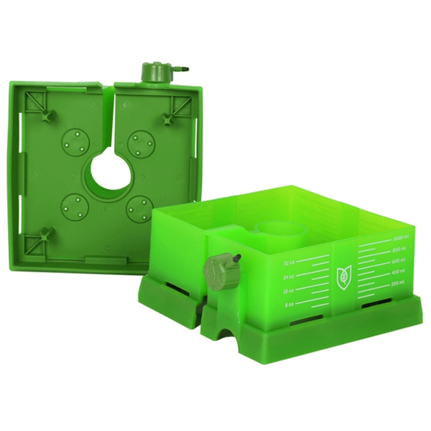 FloraFlex Square Flood and Drip Shield with Gravity Drippers in green for controlled plant feeding stages.