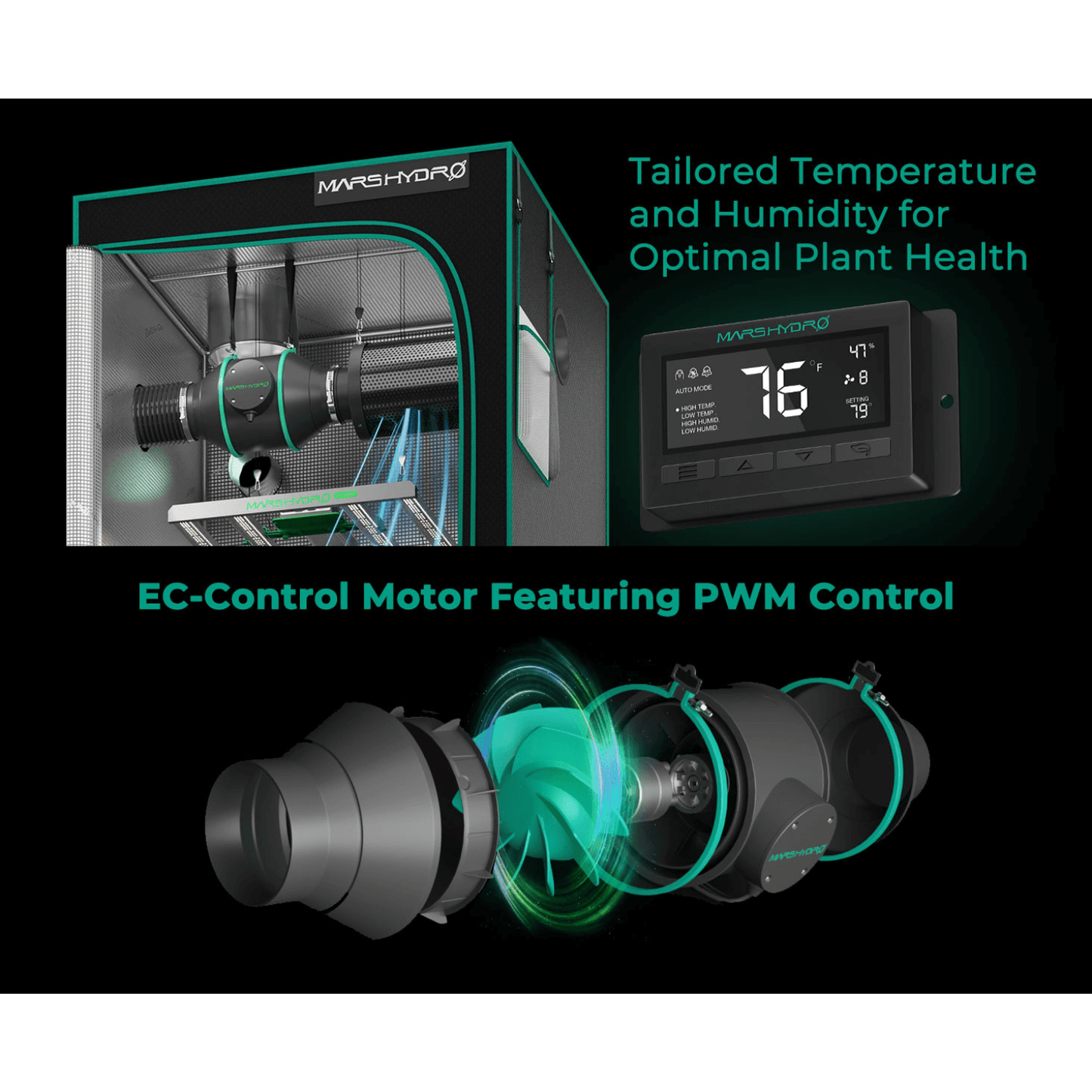 Mars Hydro ventilation system with EC-Control motor and digital thermostat for optimal plant temperature and humidity.