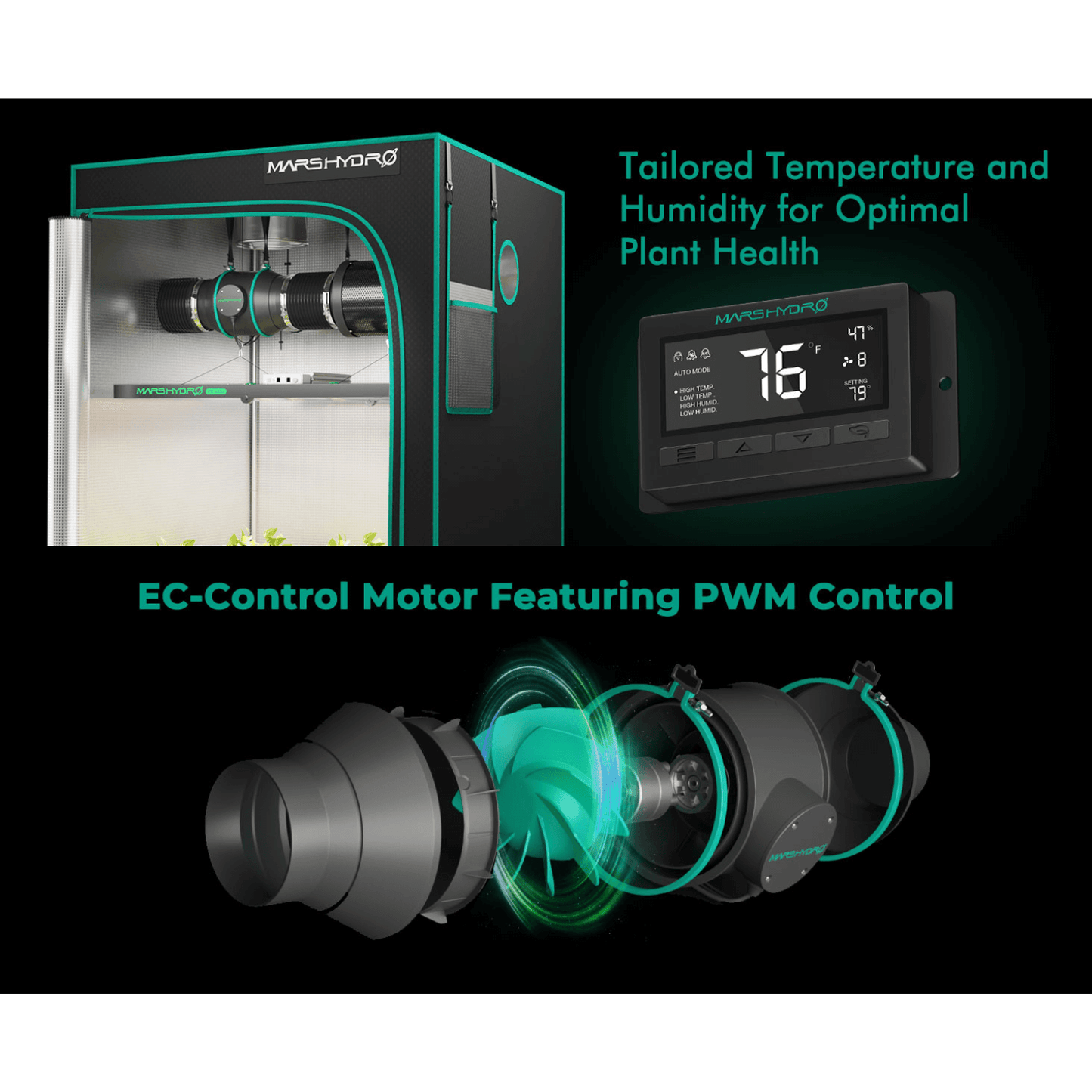 Mars Hydro inline fan with digital thermostat display for optimal temperature and humidity control in plants.