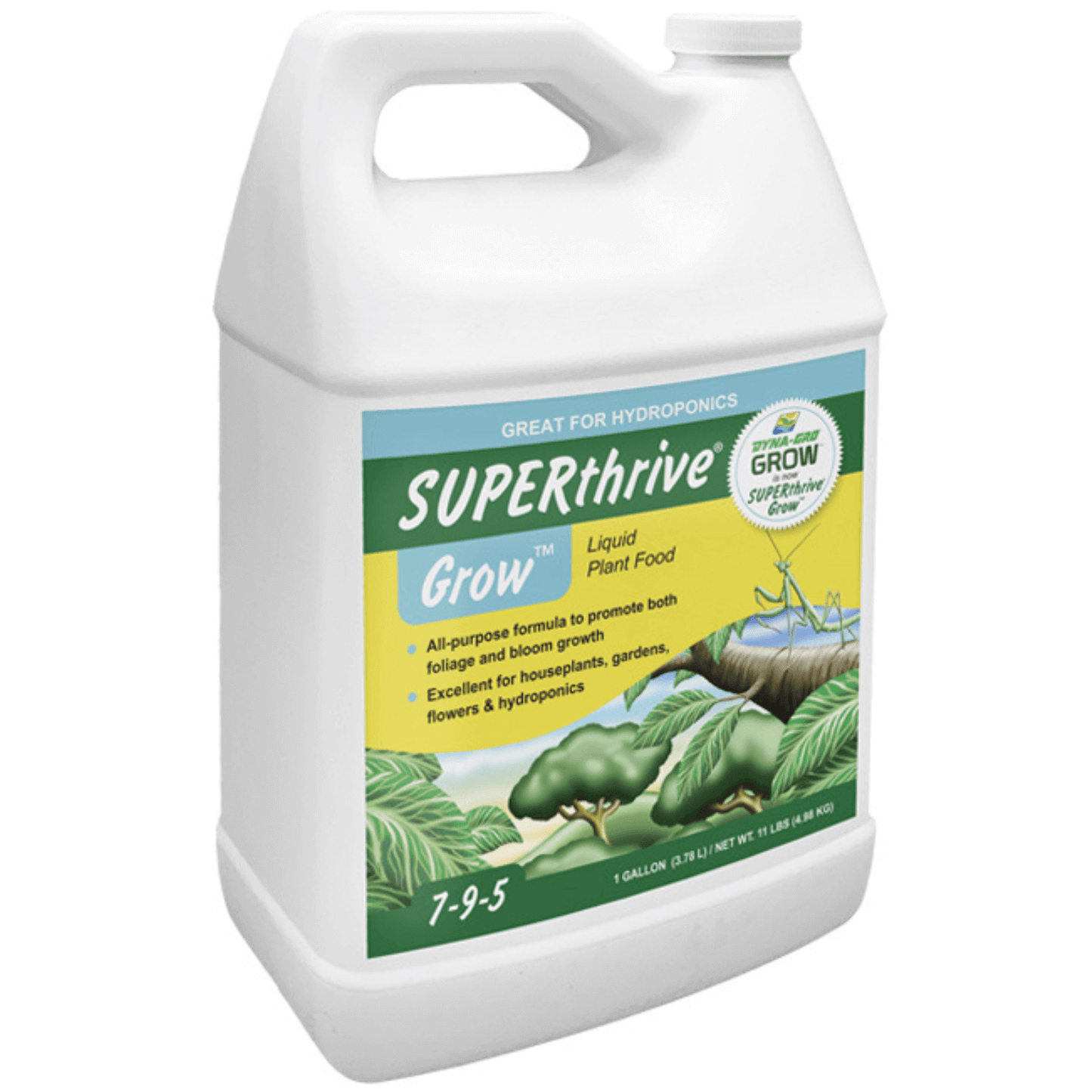 Dyna-Gro SUPERthrive Grow 1 Gallon plant food for foliage and bloom growth, ideal for vegetables, fruit trees, and houseplants.