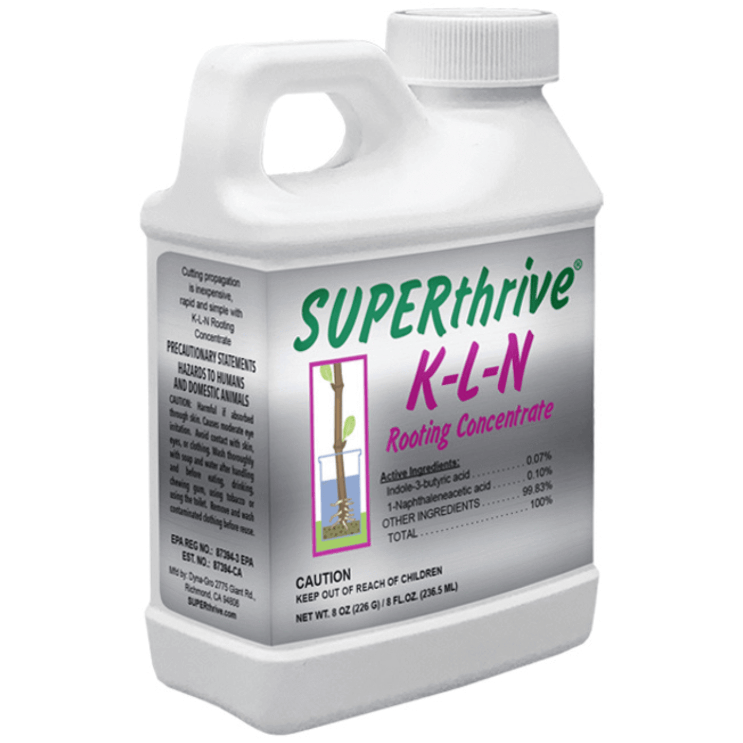 Dyna-Gro SUPERthrive K-L-N Rooting Concentrate 8oz bottle for plant root growth with IBA and NAA hormones.