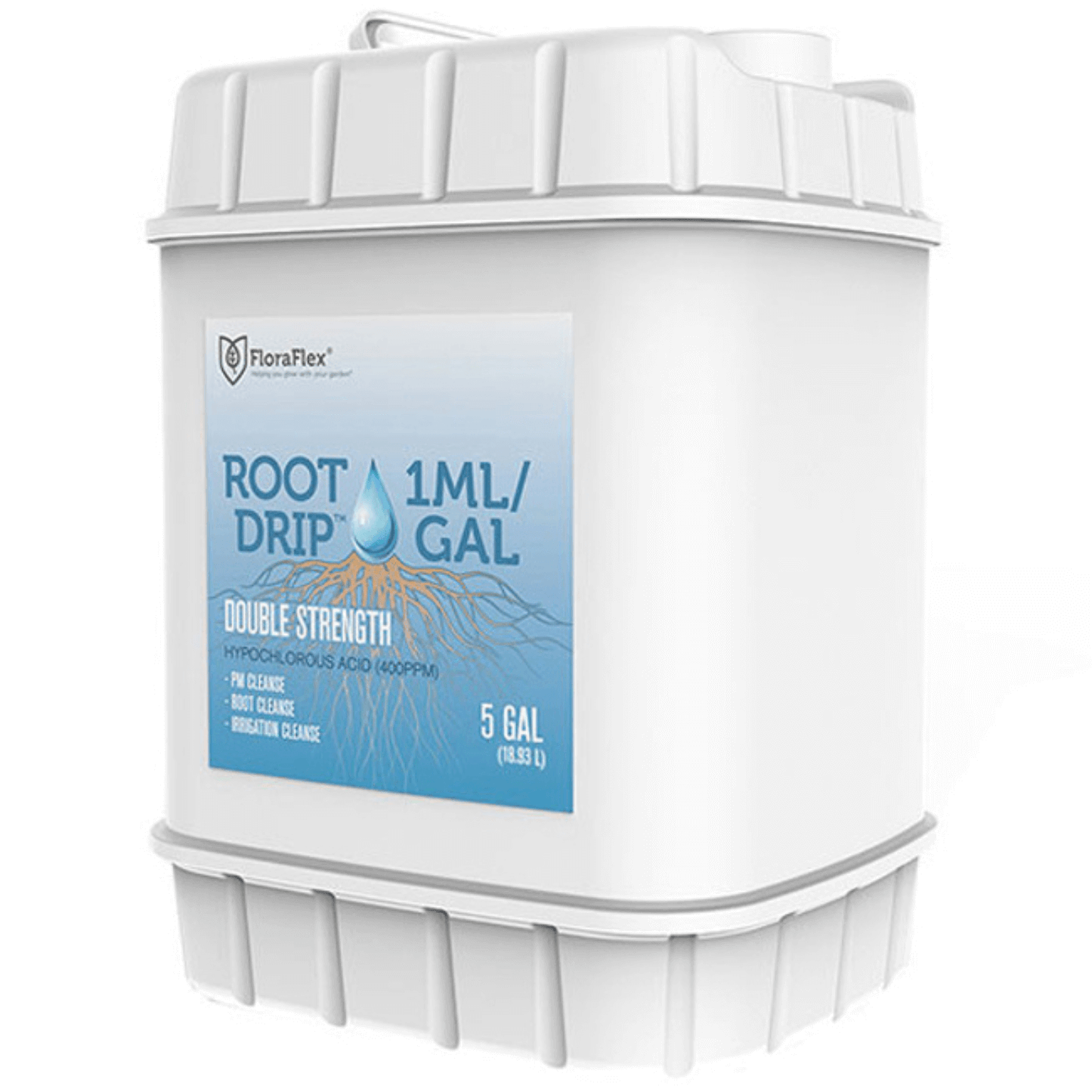 FloraFlex Root Drip Nutrients - 5 Gallon container for root and irrigation cleansing, enhances nutrient and oxygen availability.