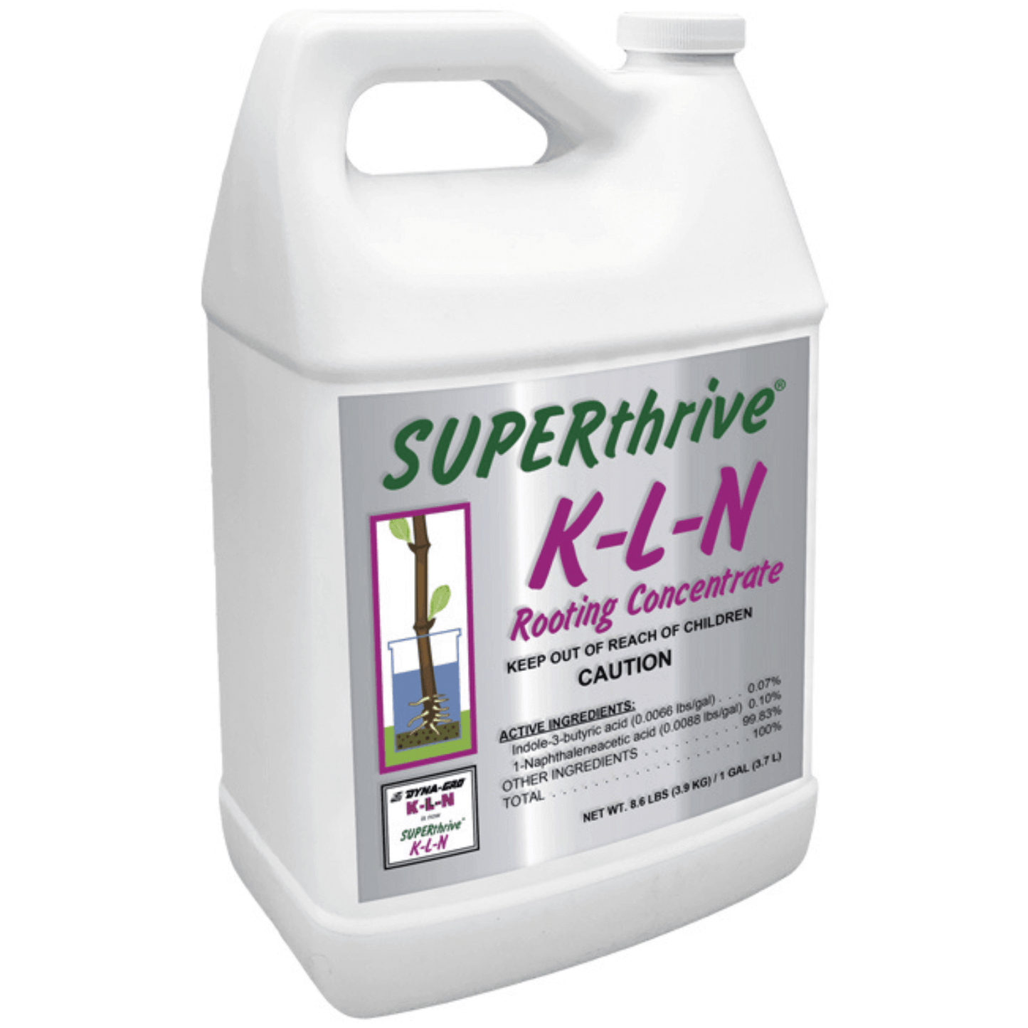 Dyna-Gro SUPERthrive K-L-N Rooting Concentrate 1 Gallon bottle for plant root development with IBA and NAA hormones.