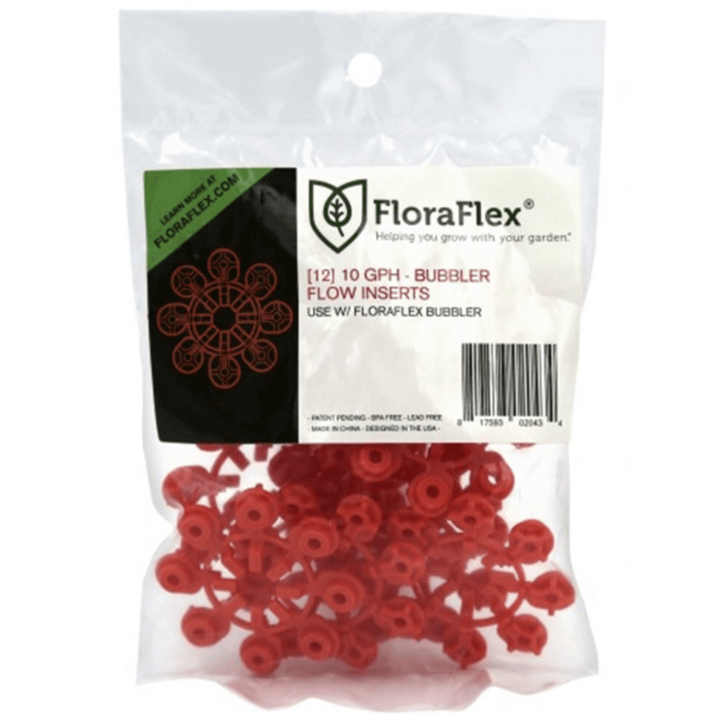 FloraFlex Bubbler 10GPH 12 Pack, red flow inserts in packaging for efficient watering, perfect for consistent plant irrigation.