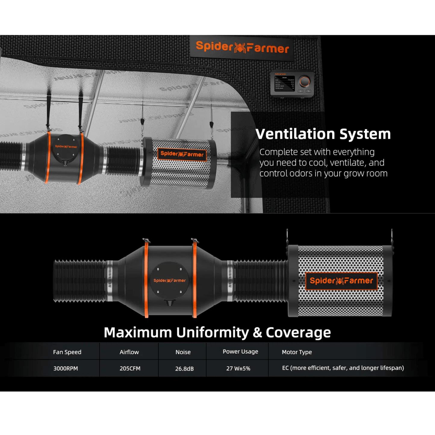 Spider Farmer 4" inline duct fan, energy-efficient ventilation system for grow rooms with low noise and powerful airflow.