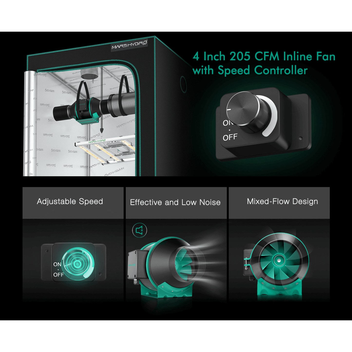 Mars Hydro 4" inline duct fan with speed controller showcasing adjustable speed and mixed-flow design.