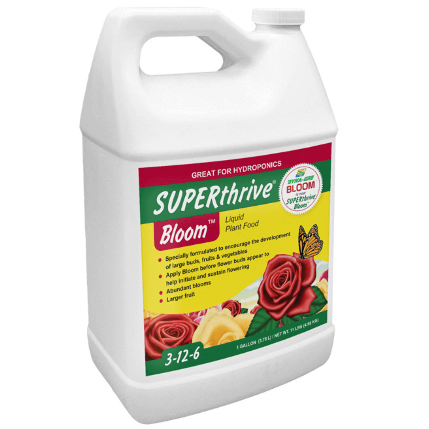 Dyna-Gro SUPERthrive Bloom 1 Gallon high phosphorus plant nutrient for blooming flowers like roses and begonias.