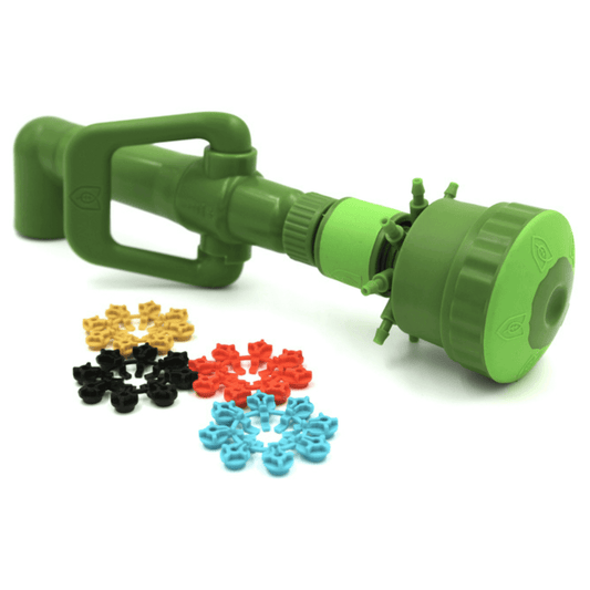 FloraFlex green pipe system with adjustable multiflow 3/4" elbow and colorful outlet manifold pieces for efficient plant watering