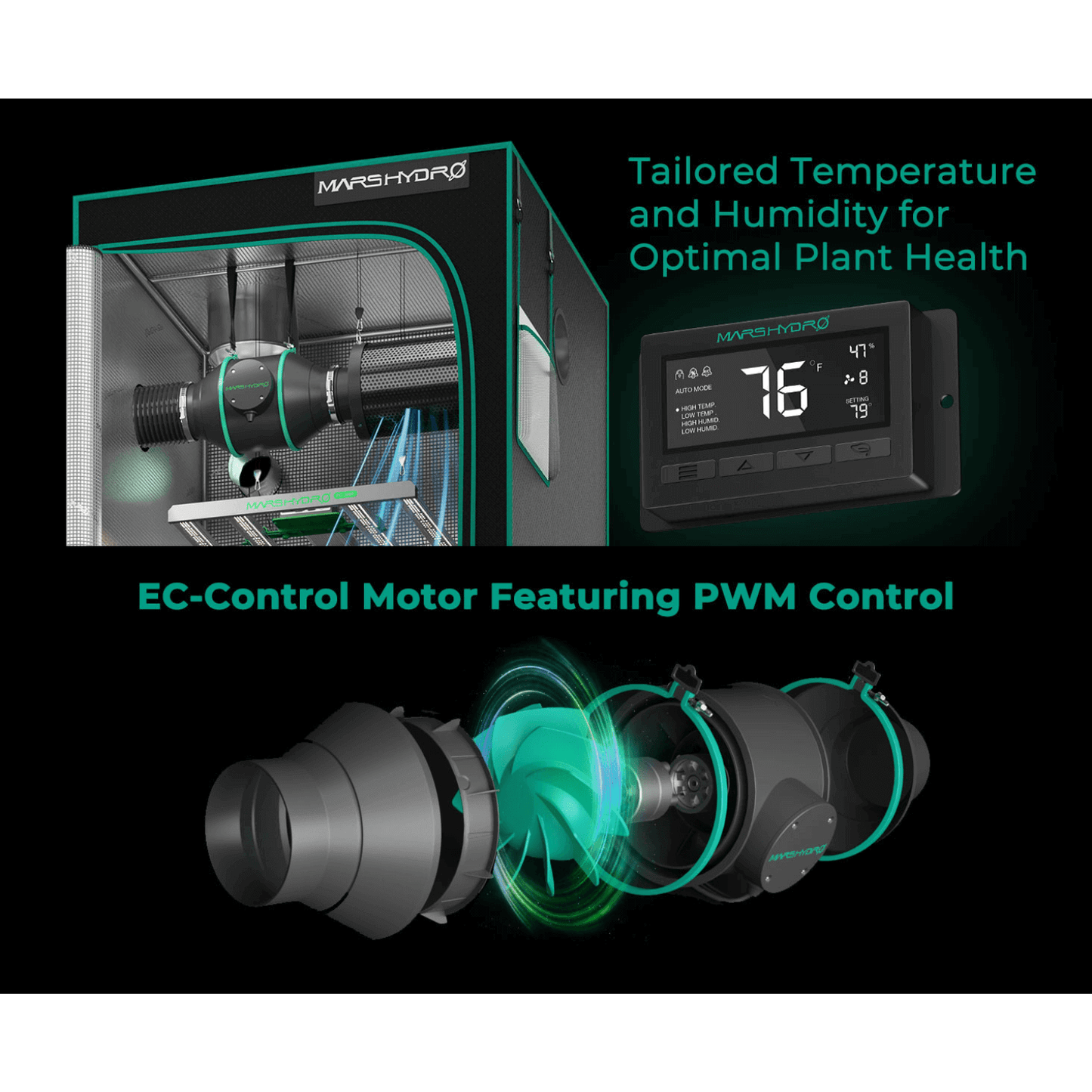 Mars Hydro ventilation system with EC-Control motor and digital thermostat for optimal plant temperature and humidity.