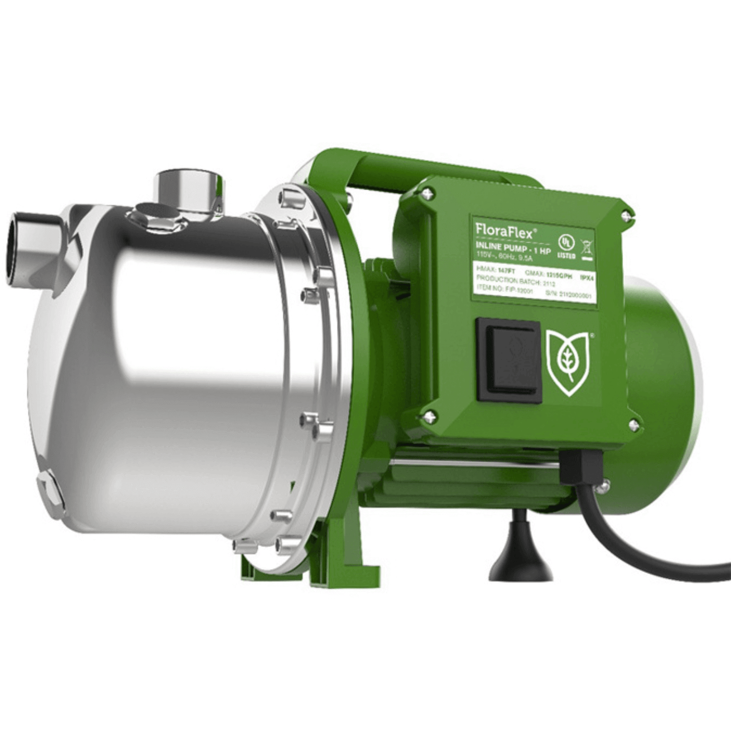 FloraFlex Inline Pump - 1 HP, high-performance green pump with stainless steel finish, offers bulk discounts and price match guarantee.