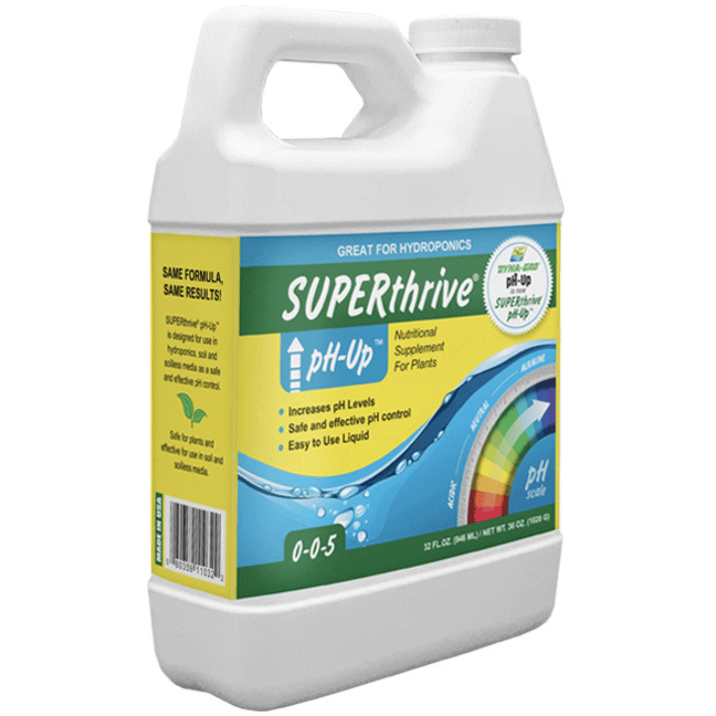 Dyna-Gro SUPERthrive pH-Up 1 Quart bottle for nutrient pH control in hydroponics and soil gardening.