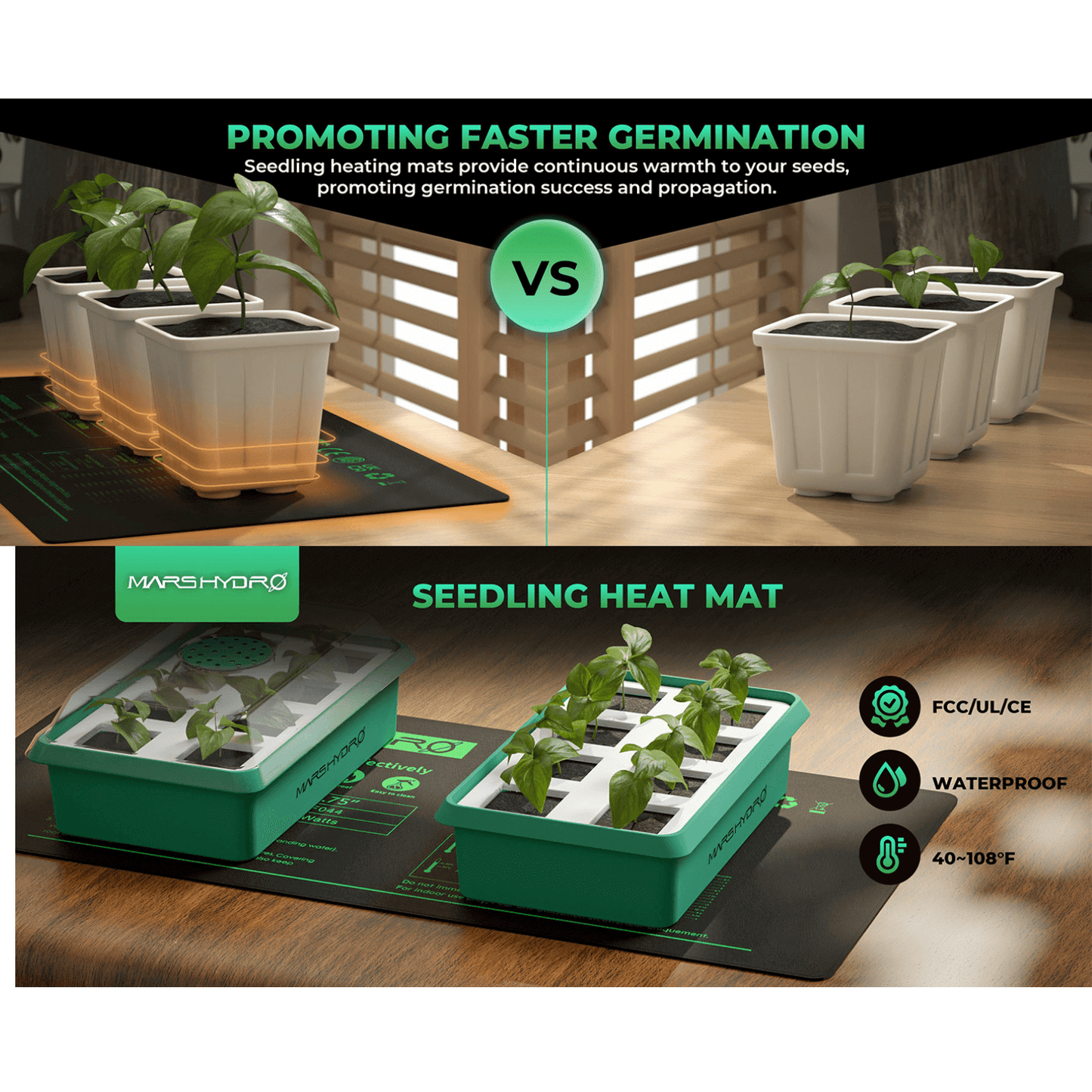 Mars Hydro seedling heat mat comparison, showcasing faster germination for plants with warmth and moisture control.
