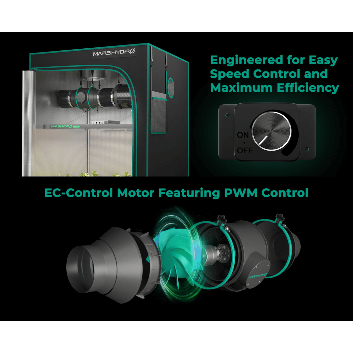 Mars Hydro inline duct fan system with speed controller for efficient ventilation and airflow control in grow tents.