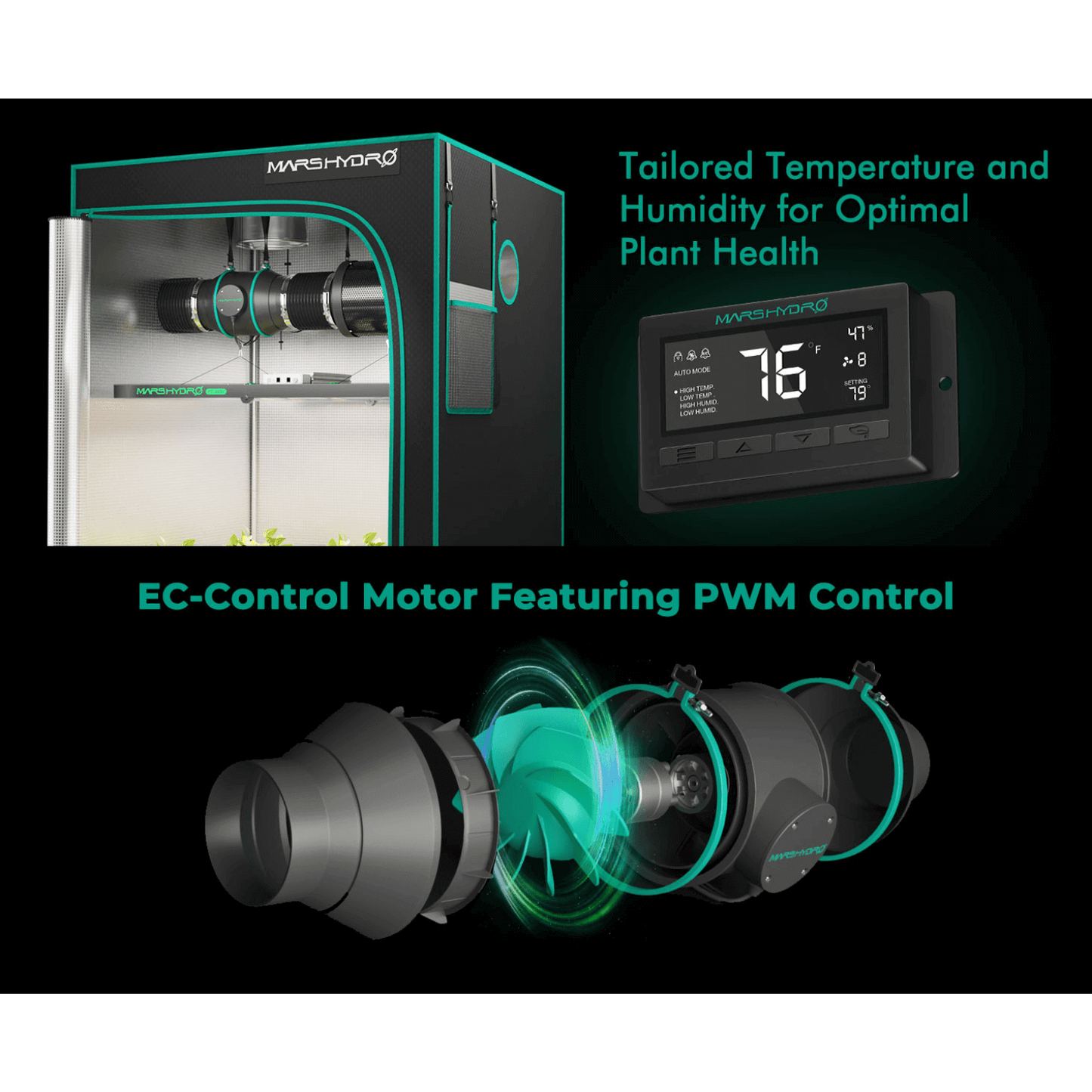 Mars Hydro inline fan with digital thermostat display for optimal temperature and humidity control in plants.