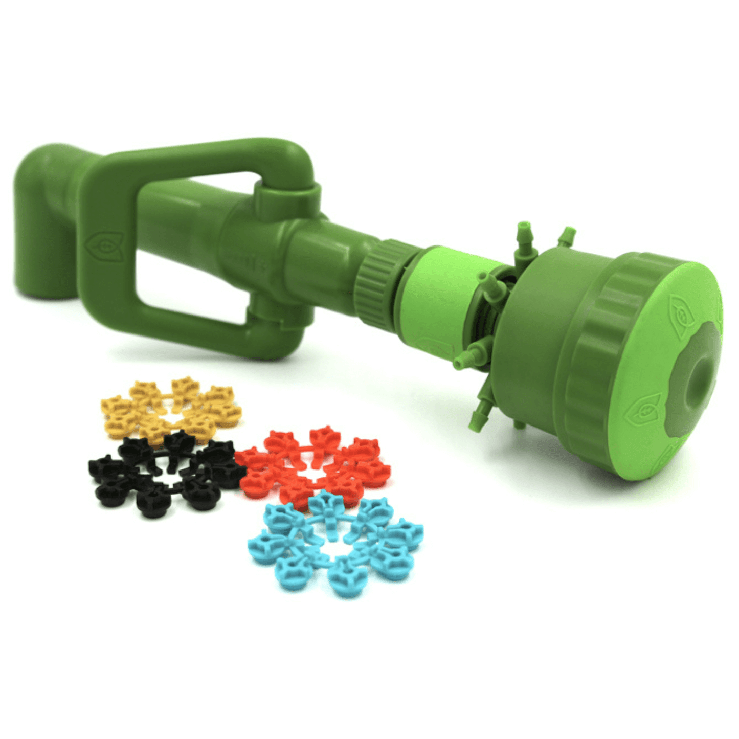 FloraFlex irrigation tool with colorful multi-flow connectors for garden watering system.