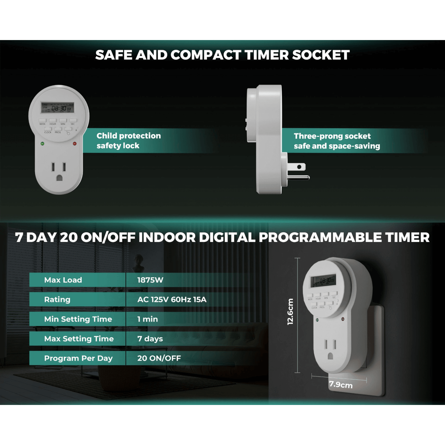 Mars Hydro 7-Day Programmable Digital Timer featuring compact design, child protection, and precise scheduling for appliances.