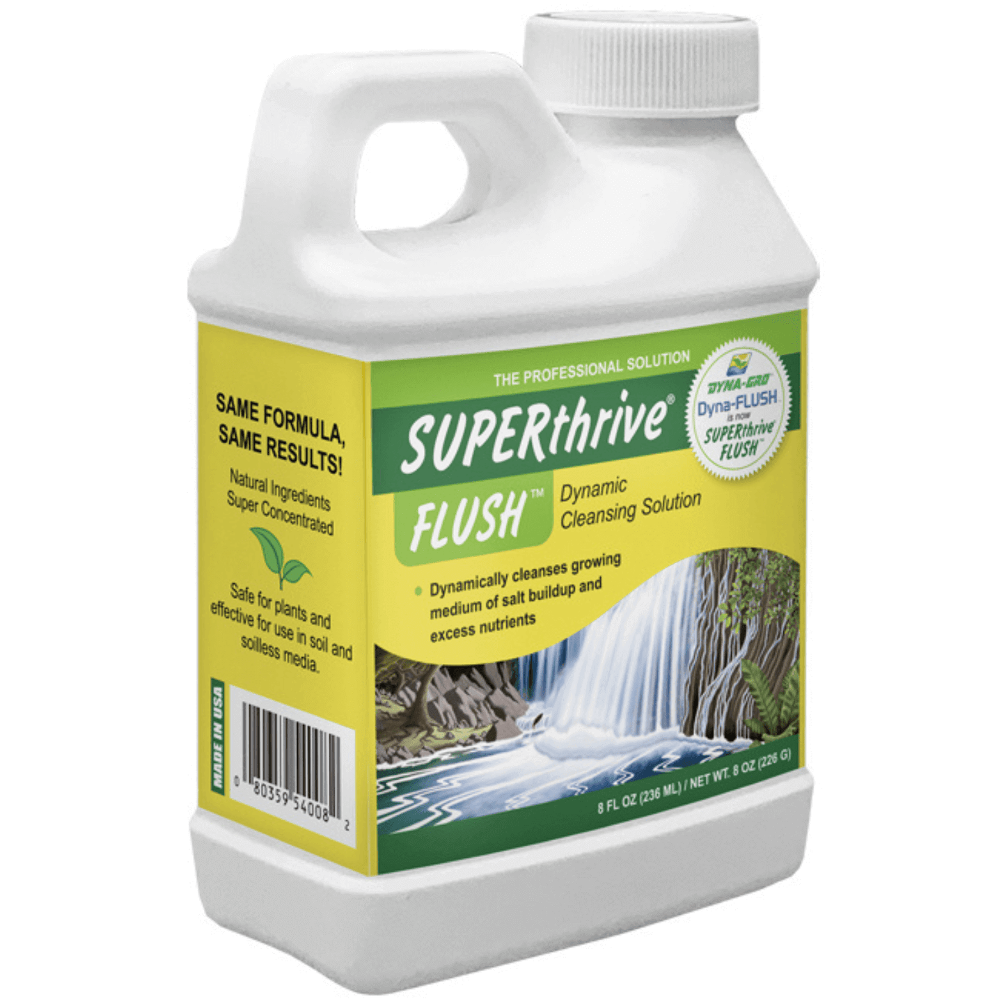 Dyna-Gro SUPERthrive Flush 8 oz bottle for plant root cleansing and nutrient redistribution.