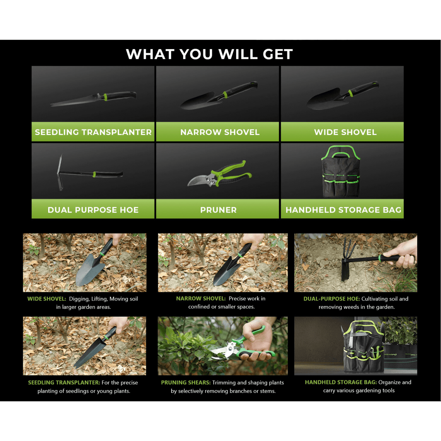 Mars Hydro 6 Piece Heavy Duty Garden Tool Set including hoe, shovels, pruner, seedling transplanter, and storage bag.