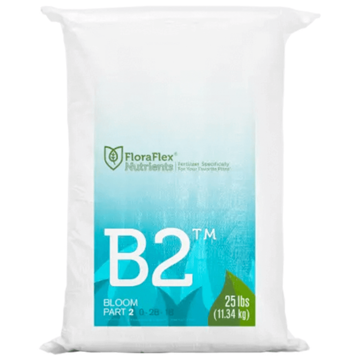 FloraFlex B2 Nutrients 25 lb bag for vegetative and bloom stages, high-quality pH stable formula, front packaging view.