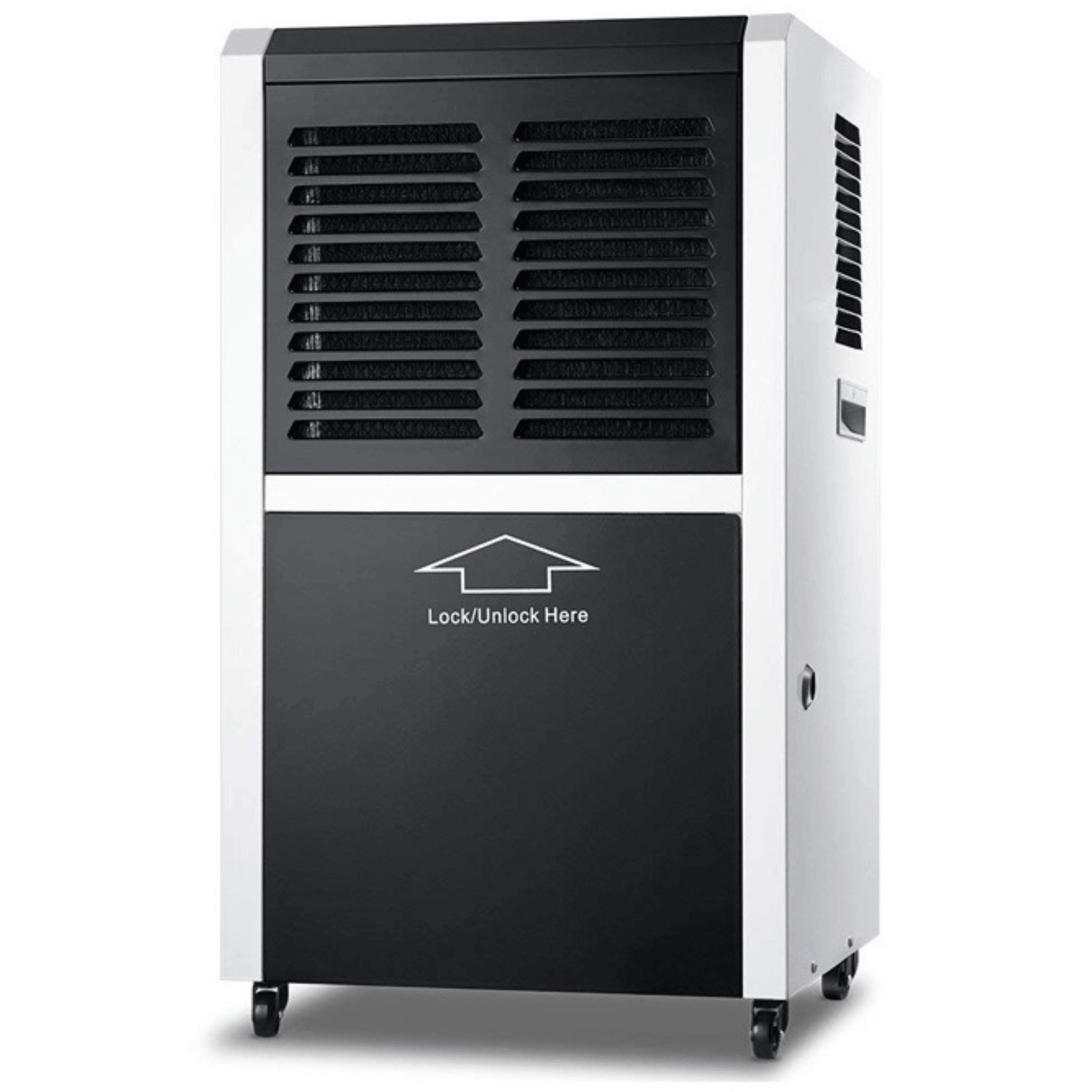 Drop Air X Industrial Dehumidifier, 130 PPD, space-saving design, portable with casters, easy maintenance, high dehumidification.