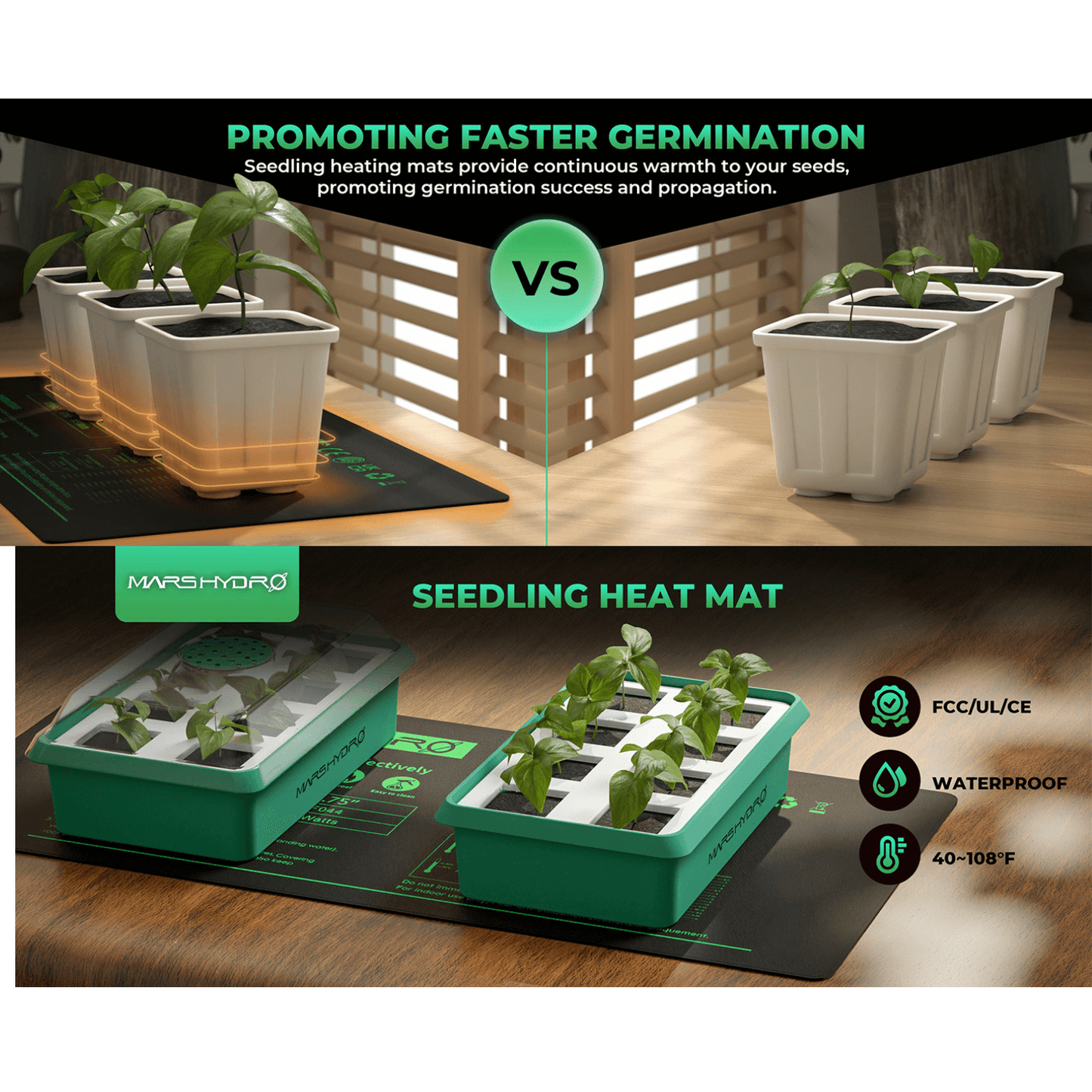 Mars Hydro seedling heat mat comparison, showcasing faster germination for plants with warmth and moisture control.