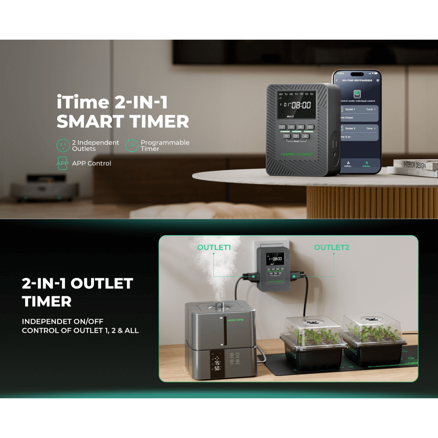 Mars Hydro iTime 2-in-1 Smart Timer with app control, showcasing independent outlet management for home automation.