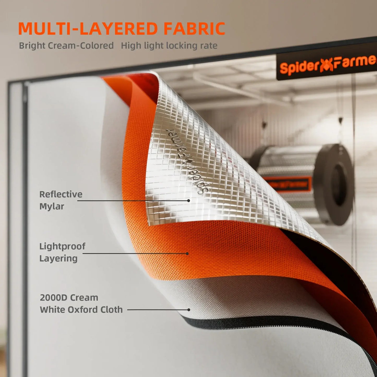 Close-up of Spider Farmer indoor grow tent multi-layered fabric, featuring reflective mylar and lightproof layering.