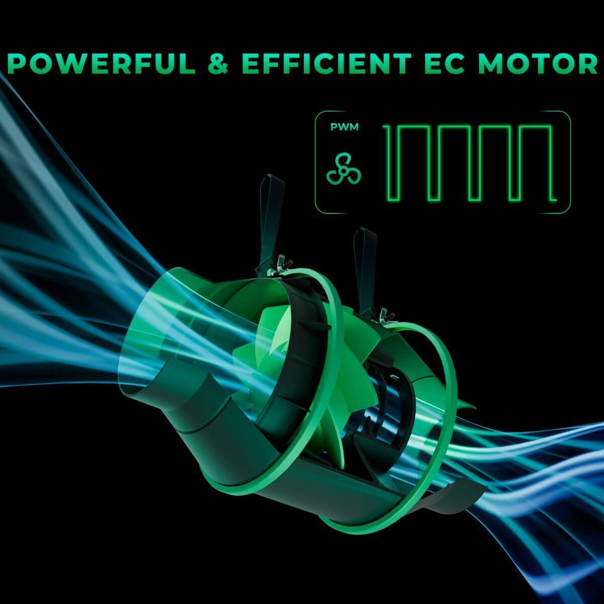 Powerful EC motor with airflow visual, emphasizing efficiency and performance for ventilation systems.